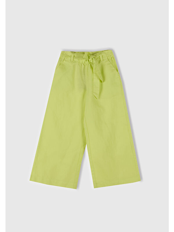 United Colors Of Benetton Kız Çocuk Sarı Keten Karışımlı Beli Dikişli Kuşaklı Geniş Paça Pantolon