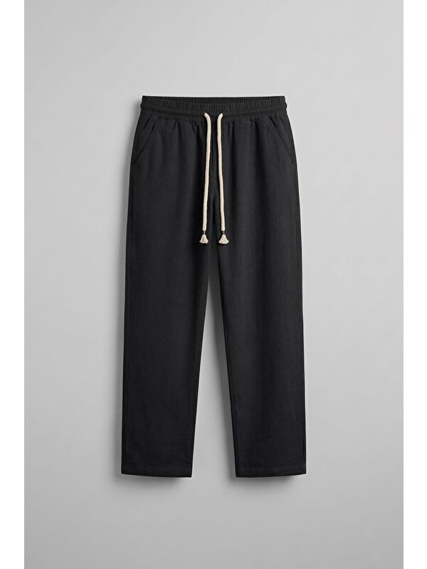 Abluka Online Erkek Baggy Fit Halat Kordonlu Keten Görünümlü Pantolon Siyah