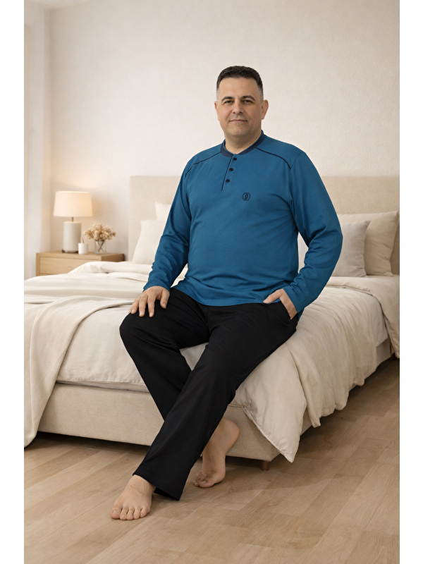 Formo PREMIUM Erkek %100 Doğal Pamuk Biyeli Yüksek Kaliteli Düğmeli Uzun Kollu Battal Pijama Takımı