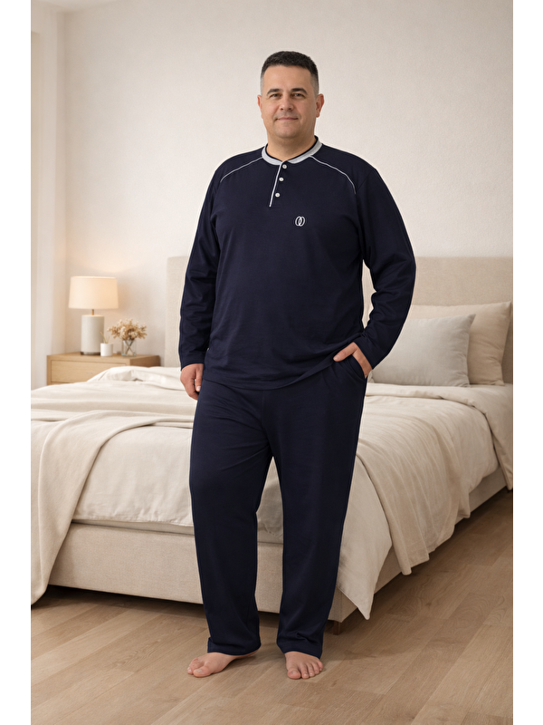 Formo PREMIUM Erkek %100 Doğal Pamuk Biyeli Yüksek Kaliteli Düğmeli Uzun Kollu Battal Pijama Takımı