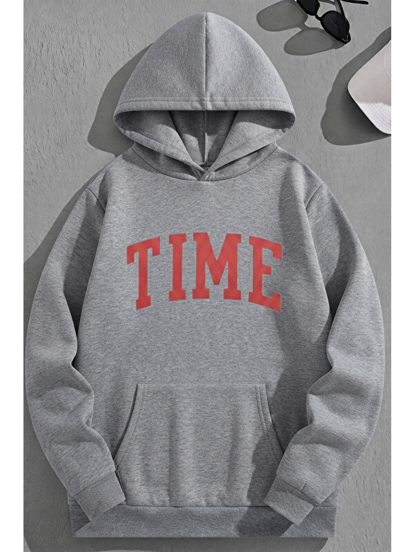 Trendseninle Unisex 3 İplik Pamuklu Gri TIME Baskı Bol Kalıp Sweatshirt Hoodie