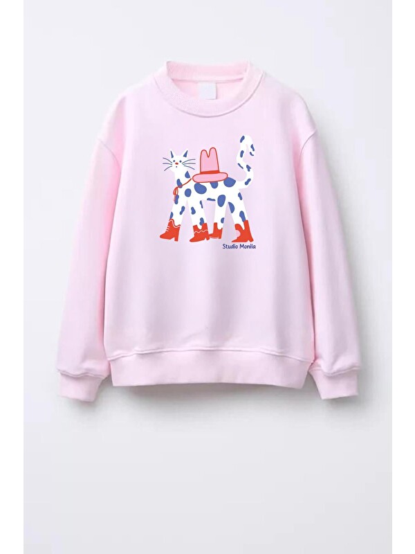 Monila Kız Çocuk Kedi Baskılı 3 İplik Kumaş Pamuklu Sweatshirt
