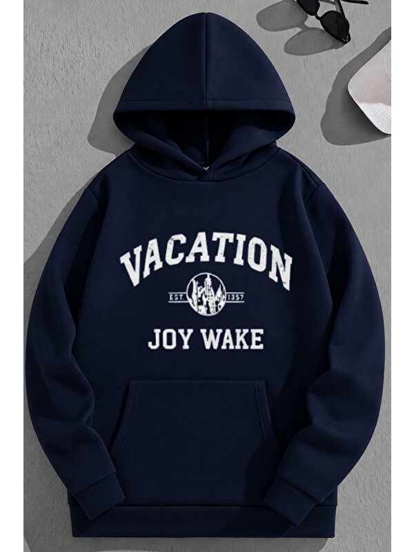 Trendseninle Unisex 3 İplik Pamuklu Lacivert Vacation Baskı Bol Kalıp Sweatshirt Hoodie