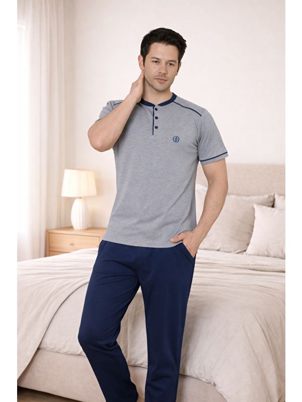 Formo PREMIUM Erkek %100 Doğal Pamuk Biyeli Yüksek Kaliteli Düğmeli Kısa Kollu Pijama Takımı