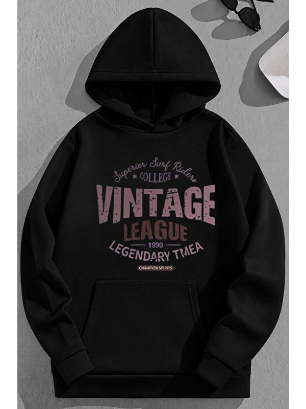 Trendseninle Unisex 3 İplik Pamuklu Siyah VintageLeage Baskı Bol Kalıp Sweatshirt Hoodie