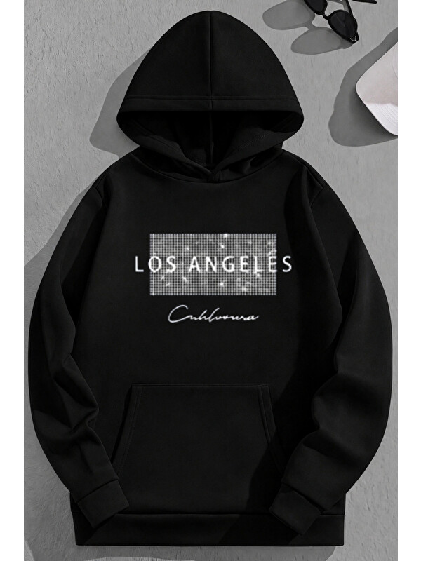 Trendseninle Unisex 3 İplik Pamuklu Siyah NodeLosAngeles Baskı Bol Kalıp Sweatshirt Hoodie