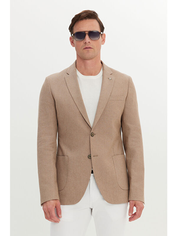 AC&Co / Altınyıldız Classics Erkek Vizon Pamuklu Keten Slim Fit Mono Yaka Torba Cepli Ceket