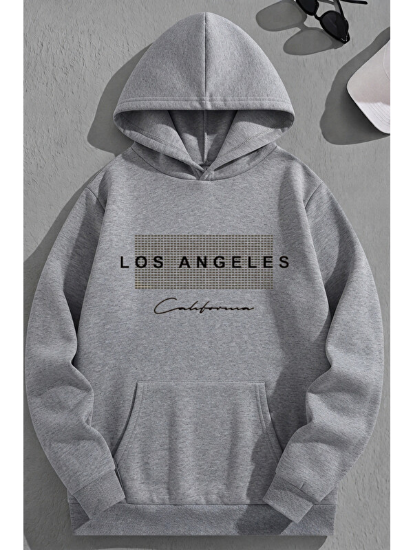 Trendseninle Unisex 3 İplik Pamuklu Gri NodeLosAngeles Baskı Bol Kalıp Sweatshirt Hoodie