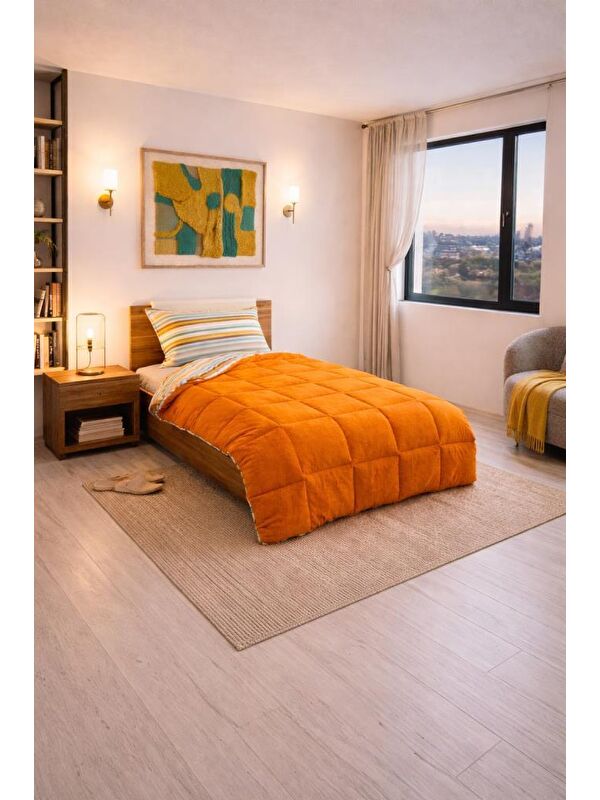 Çeyiz Diyarı Sherpa Pelüş Tek Kişilik Lastikli Çarşaflı Comforter Set Turuncu