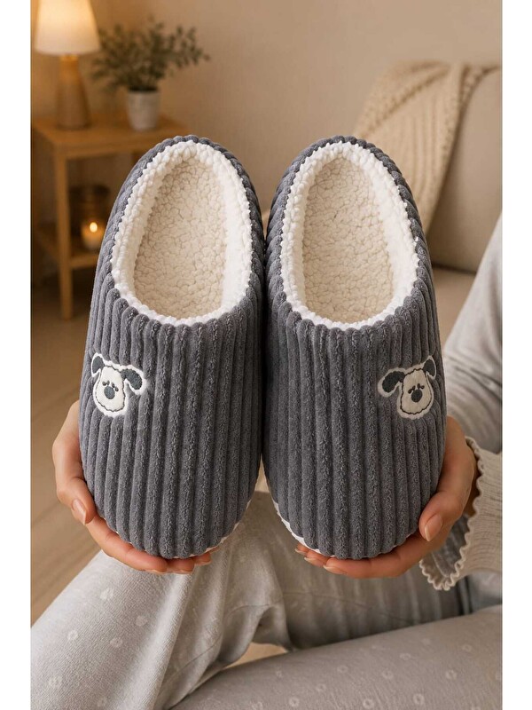 Slipcat Unisex, Fitil Kadife, Sevimli Köpek Figürlü, Kürklü, Yumuşak, Pelüş Ev Terliği