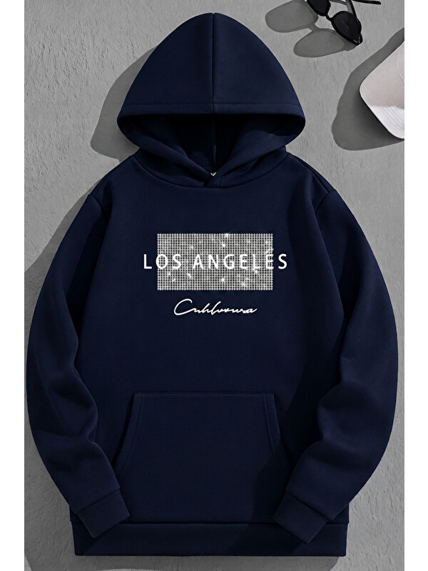 Trendseninle Unisex 3 İplik Pamuklu Lacivert NodeLosAngeles Baskı Bol Kalıp Sweatshirt Hoodie