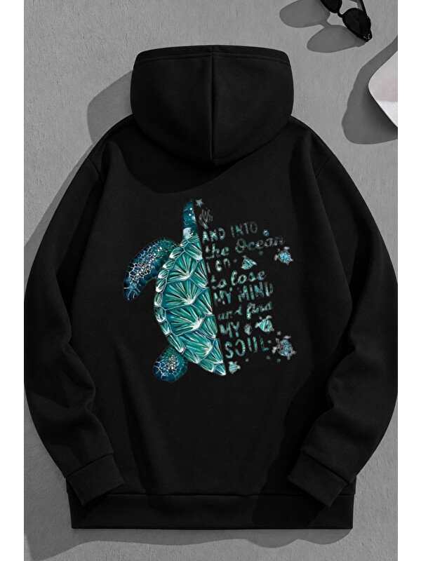 Trendseninle Unisex 3 İplik Pamuklu Siyah Caretta Baskı Bol Kalıp Sweatshirt Hoodie
