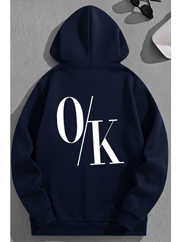 Trendseninle Unisex 3 İplik Pamuklu Lacivert O/K Baskı Bol Kalıp Sweatshirt Hoodie