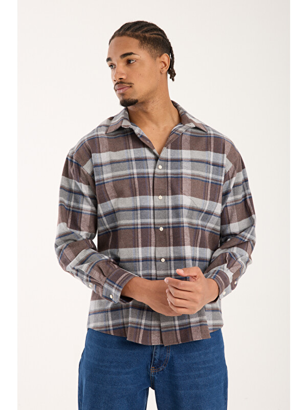 BB Club Rio Flanel Pamuklu Oversize Fit Kahverengi Klasik Yaka Erkek Ekoseli Gömlek