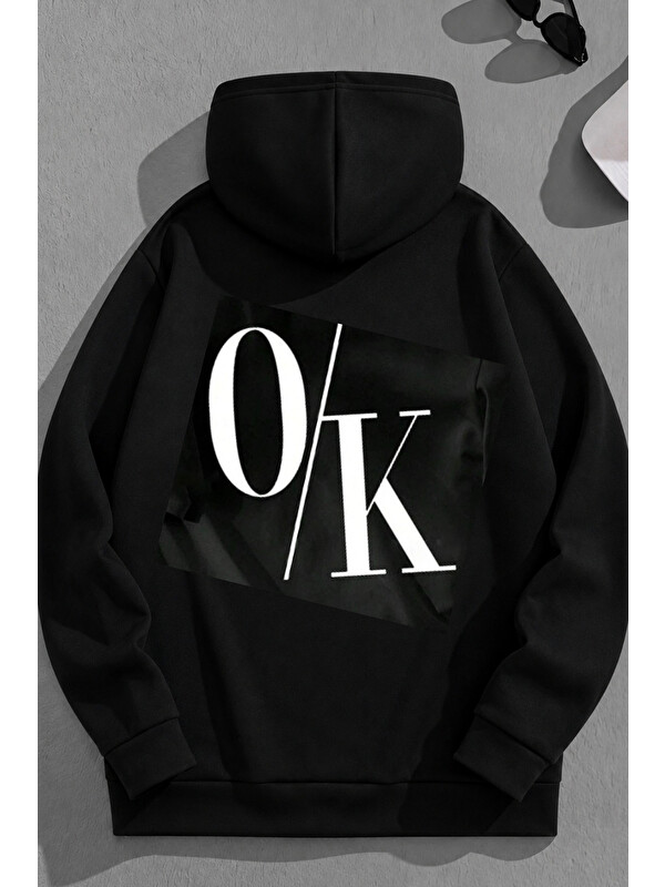 Trendseninle Unisex 3 İplik Pamuklu Siyah O/K Baskı Bol Kalıp Sweatshirt Hoodie