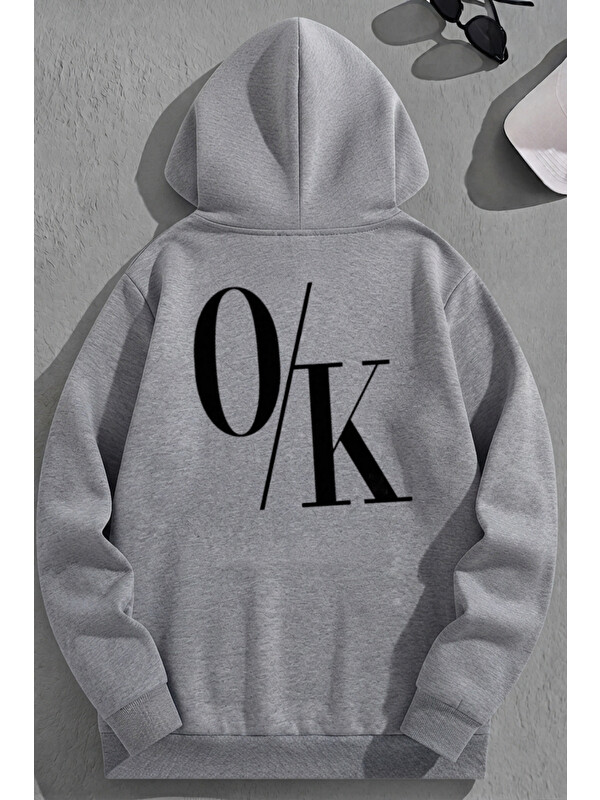 Trendseninle Unisex 3 İplik Pamuklu Gri O/K Baskı Bol Kalıp Sweatshirt Hoodie