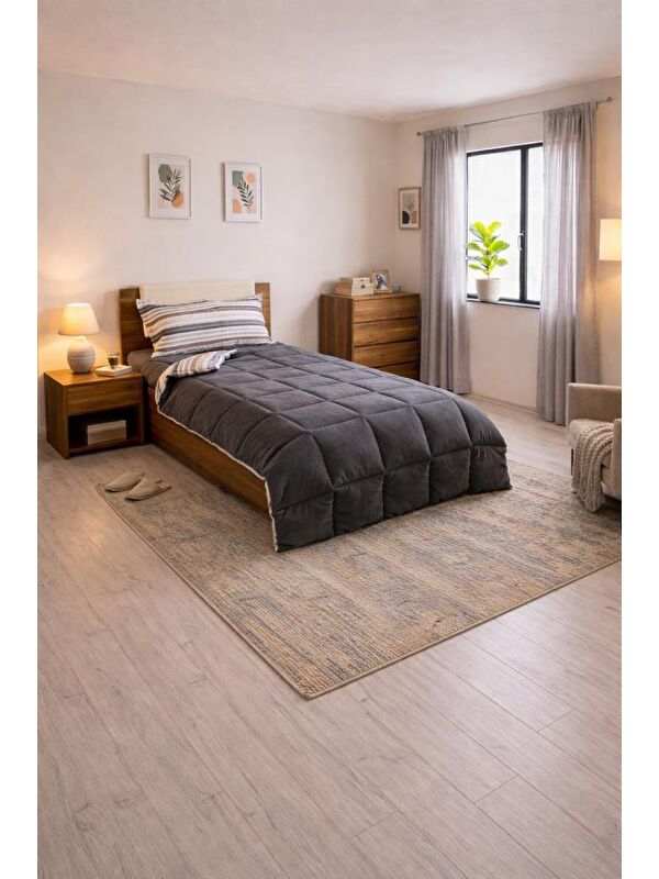 Çeyiz Diyarı Sherpa Pelüş Tek Kişilik Lastikli Çarşaflı Comforter Set Antrasit