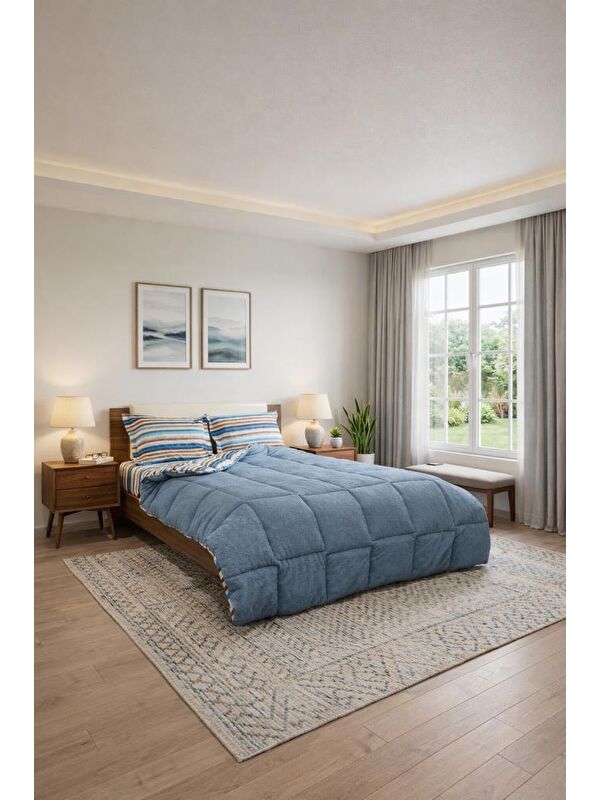 Çeyiz Diyarı Sherpa Pelüş Çift Kişilik Lastikli Çarşaflı Comforter Set Mavi