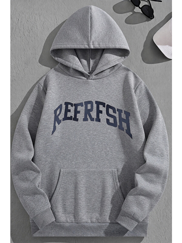 Trendseninle Unisex 3 İplik Pamuklu Gri Refresh Baskı Bol Kalıp Sweatshirt Hoodie
