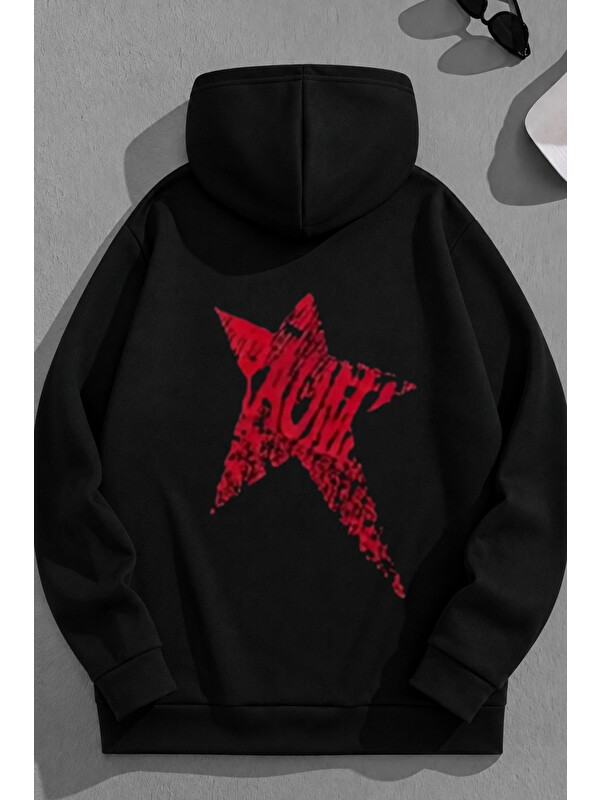 Trendseninle Unisex 3 İplik Pamuklu Siyah RedStar Baskı Bol Kalıp Sweatshirt Hoodie
