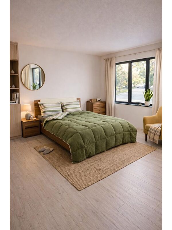 Çeyiz Diyarı Sherpa Pelüş Çift Kişilik Lastikli Çarşaflı Comforter Set Haki
