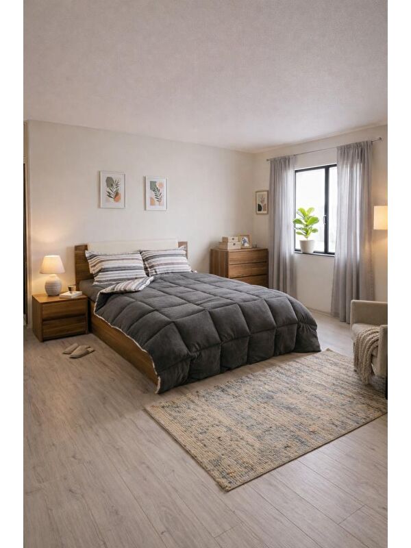 Çeyiz Diyarı Sherpa Pelüş Çift Kişilik Lastikli Çarşaflı Comforter Set Antrasit