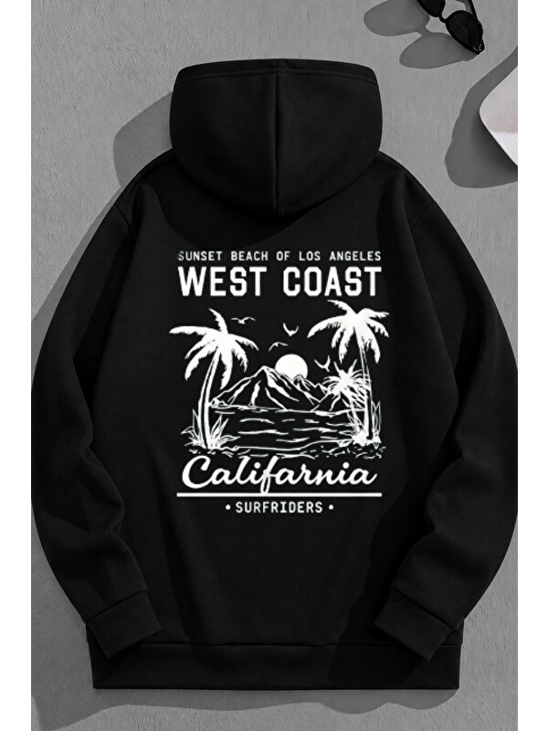 Trendseninle Unisex 3 İplik Pamuklu Siyah WCoast Baskı Bol Kalıp Sweatshirt Hoodie