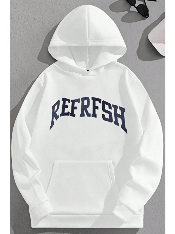 Trendseninle Unisex 3 İplik Pamuklu Beyaz Refresh Baskı Bol Kalıp Sweatshirt Hoodie