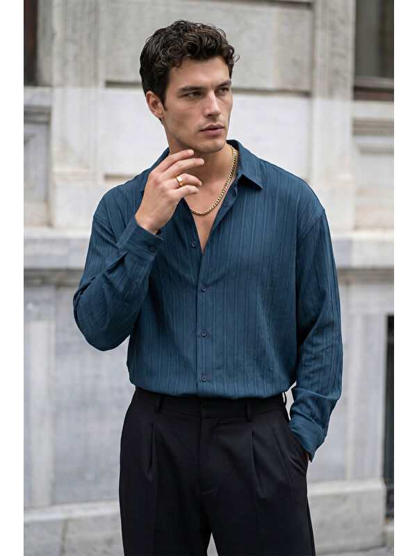 Livio Ferri Maze Premium Oversize Erkek Gömlek Dokulu Çizgili