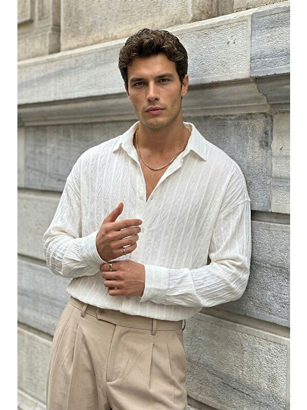 Livio Ferri Maze Premium Oversize Erkek Gömlek Dokulu Çizgili