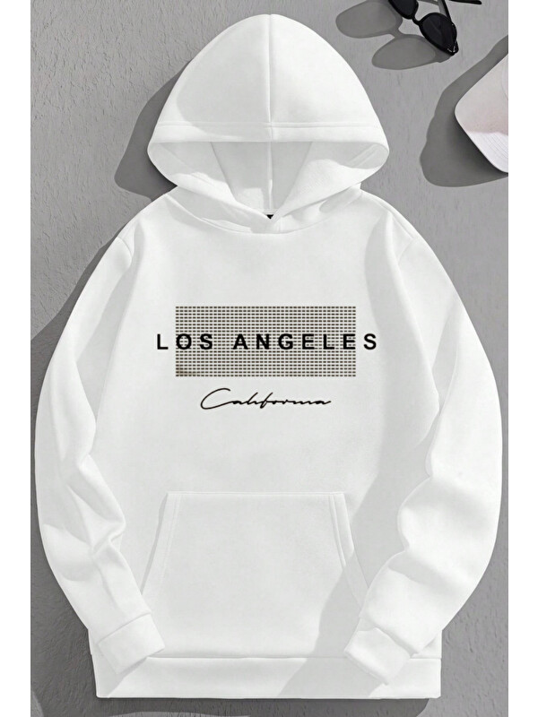 Trendseninle Unisex 3 İplik Pamuklu Beyaz NodeLosAngeles Baskı Bol Kalıp Sweatshirt Hoodie