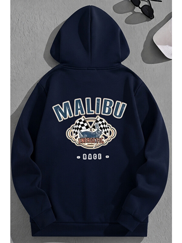 Trendseninle Unisex 3 İplik Pamuklu Lacivert MALİBU Baskı Bol Kalıp Sweatshirt Hoodie