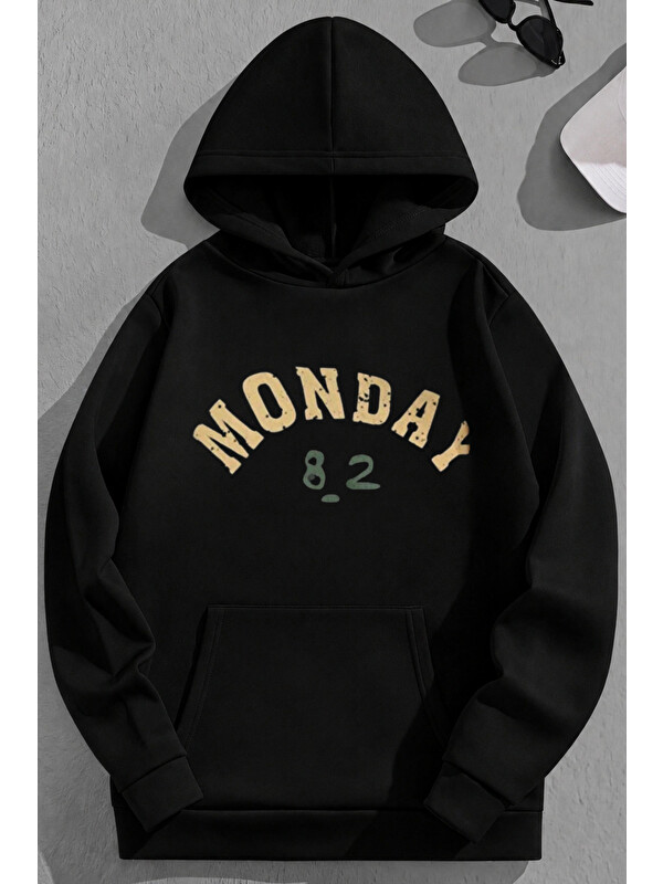 Trendseninle Unisex 3 İplik Pamuklu Siyah Monday Baskı Bol Kalıp Sweatshirt Hoodie