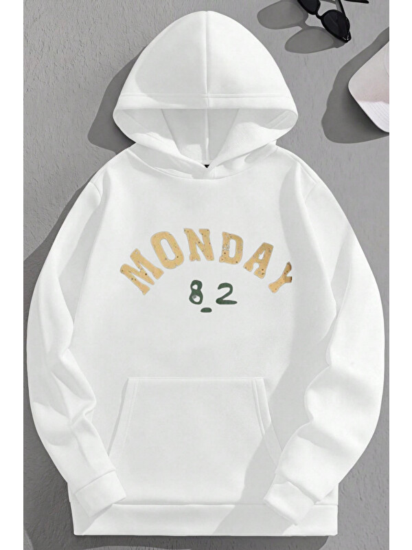 Trendseninle Unisex 3 İplik Pamuklu Beyaz Monday Baskı Bol Kalıp Sweatshirt Hoodie