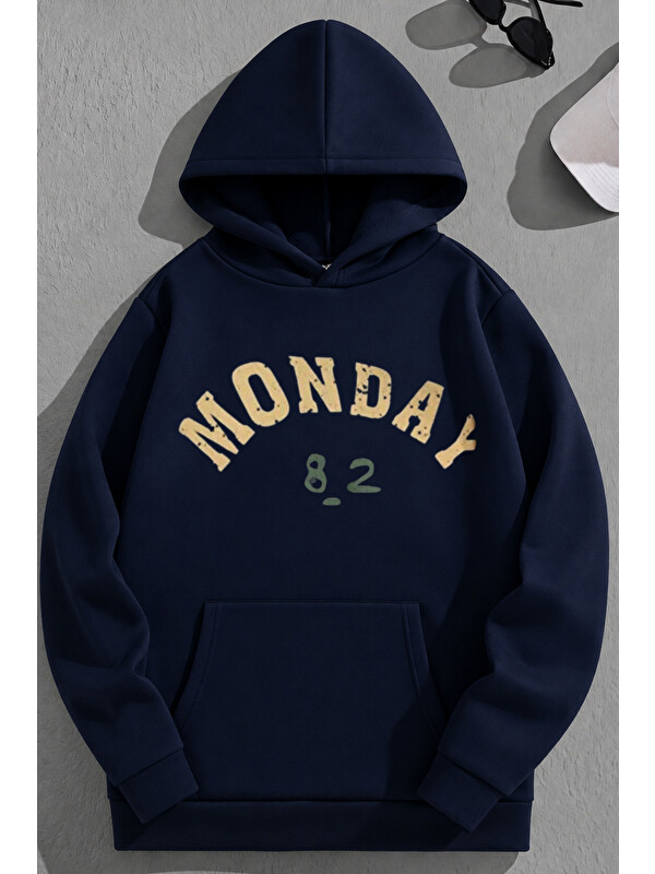 Trendseninle Unisex 3 İplik Pamuklu Lacivert Monday Baskı Bol Kalıp Sweatshirt Hoodie
