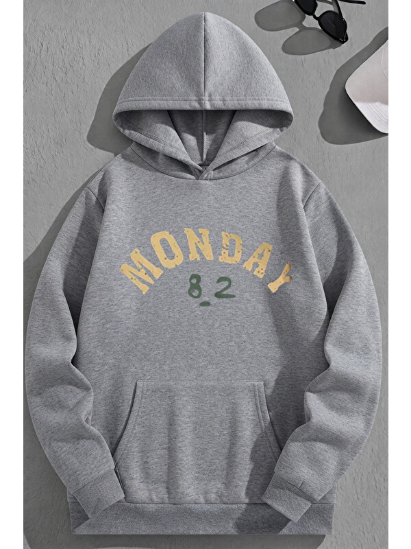 Trendseninle Unisex 3 İplik Pamuklu Gri Monday Baskı Bol Kalıp Sweatshirt Hoodie