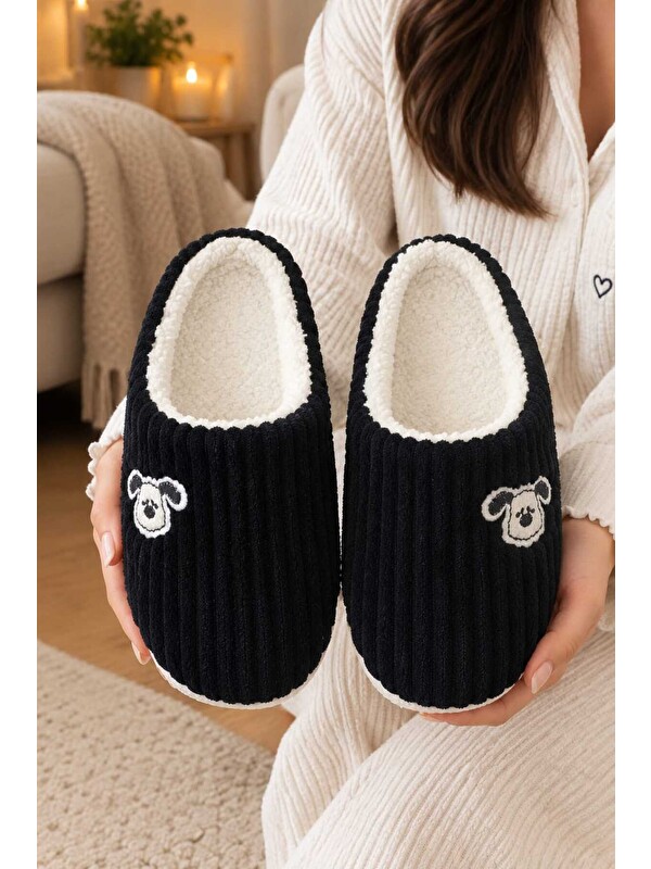 Slipcat Unisex, Fitil Kadife, Sevimli Köpek Figürlü, Kürklü, Yumuşak, Pelüş Ev Terliği