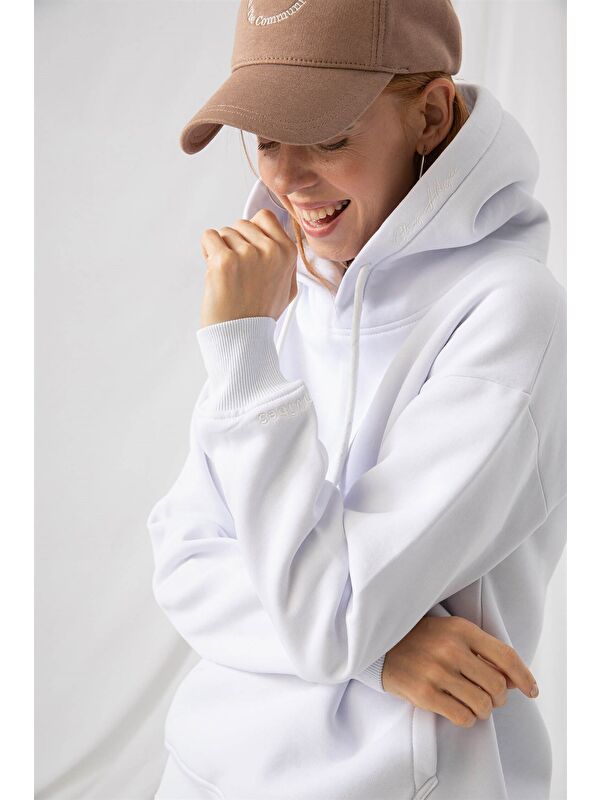gothamVibes Kadın Stay Oversize Beyaz Hoodie Sweatshirt