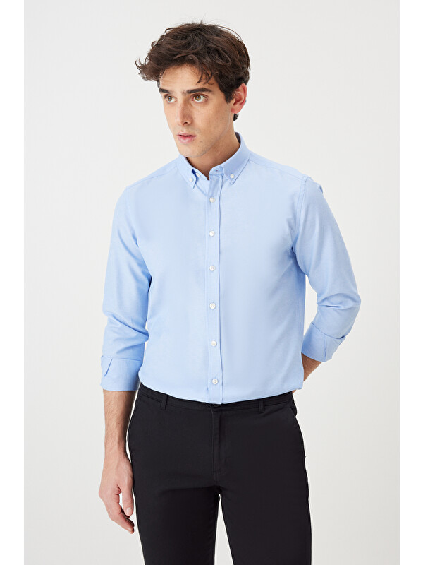 AC&Co / Altınyıldız Classics Erkek Mavi 2'li Pamuklu Kolay Ütülenebilir Slim Fit Dar Kesim Oxford Gömlek Paketi