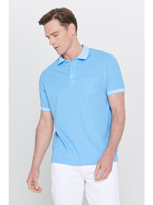 AC&Co / Altınyıldız Classics Erkek Mavi Pamuklu Comfort Fit Rahat Kesim Polo Yaka Cepli Tişört