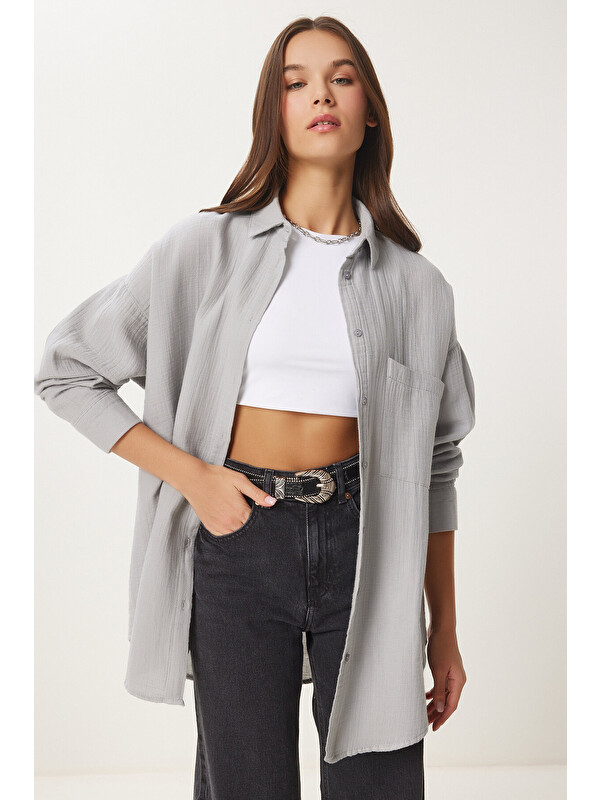 Happiness İstanbul Oversize Basic Müslin Gömlek GRİ LMX0002