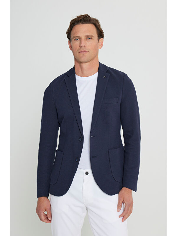 Altınyıldız Classics Erkek Lacivert Yünlü Slim Fit Dar Kesim Mono Yaka Torba Cepli Blazer Ceket