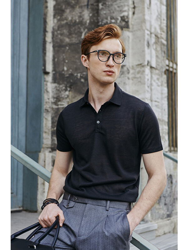 AC&Co / Altınyıldız Classics Erkek Siyah Slim Fit Dar Kesim Polo Yaka Düz Casual Tişört