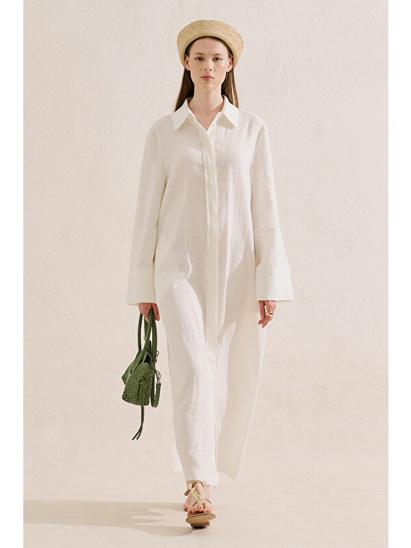 Manuka Keten Kemerli Gömlek Elbise Ekru