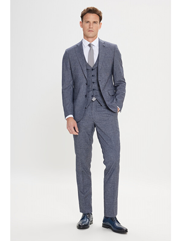 Altınyıldız Classics Erkek Lacivert-Beyaz Ekstra Slim Fit Mono Yaka Desenli Yelekli Takım Elbise