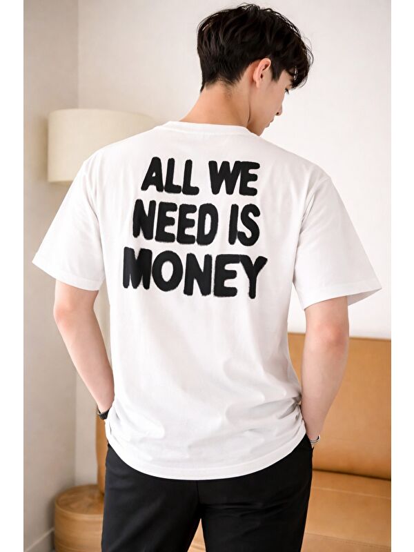 Tarz Cool Erkek Oversize Tişört Baskılı “All We Need Is Money” Yazılı Basic Streetwear T-Shirt
