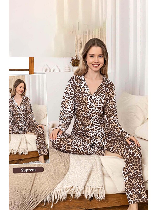Remsa Kadın Leopar Desen Düğmeli Suprem Pijama Takımı 0397 Kahverengi