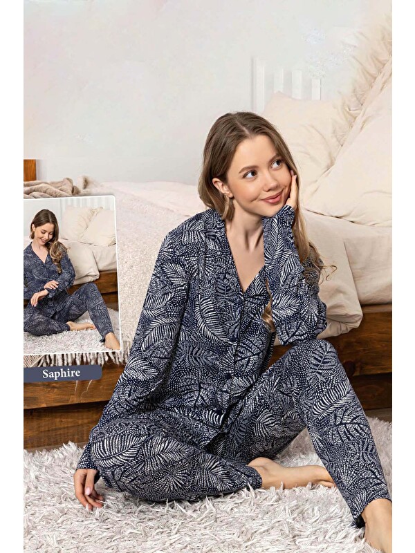 Remsa Kadın Yaprak Desen Düğmeli Saphire Pijama Takımı 0332 Lacivert
