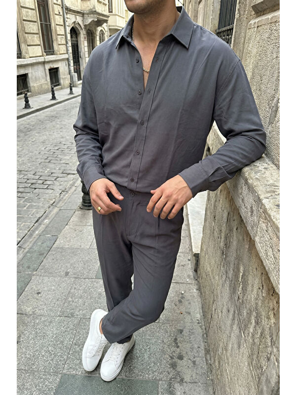 Livio Ferri Noda %100 Pamuk Oversize Erkek Modal İkili Takım Gömlek Pantolon