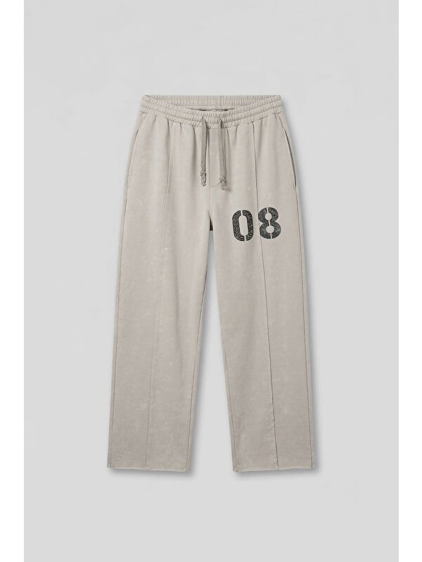 Abluka Online Erkek Baggy Fit Vintage Yıkamalı 08 Baskılı Eşofman Altı Gri